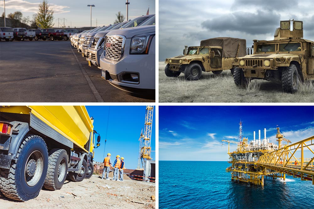 Military, construction, automobiles, oil and gas